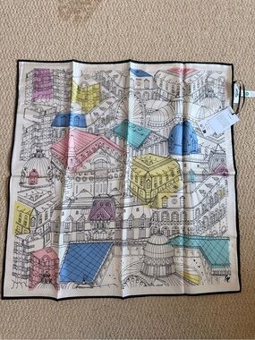 Silk Scarf with Black Trim and Architectural Print